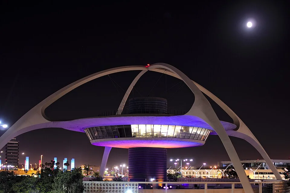 The illuminated Theme Building at Los Angeles International Airport at night