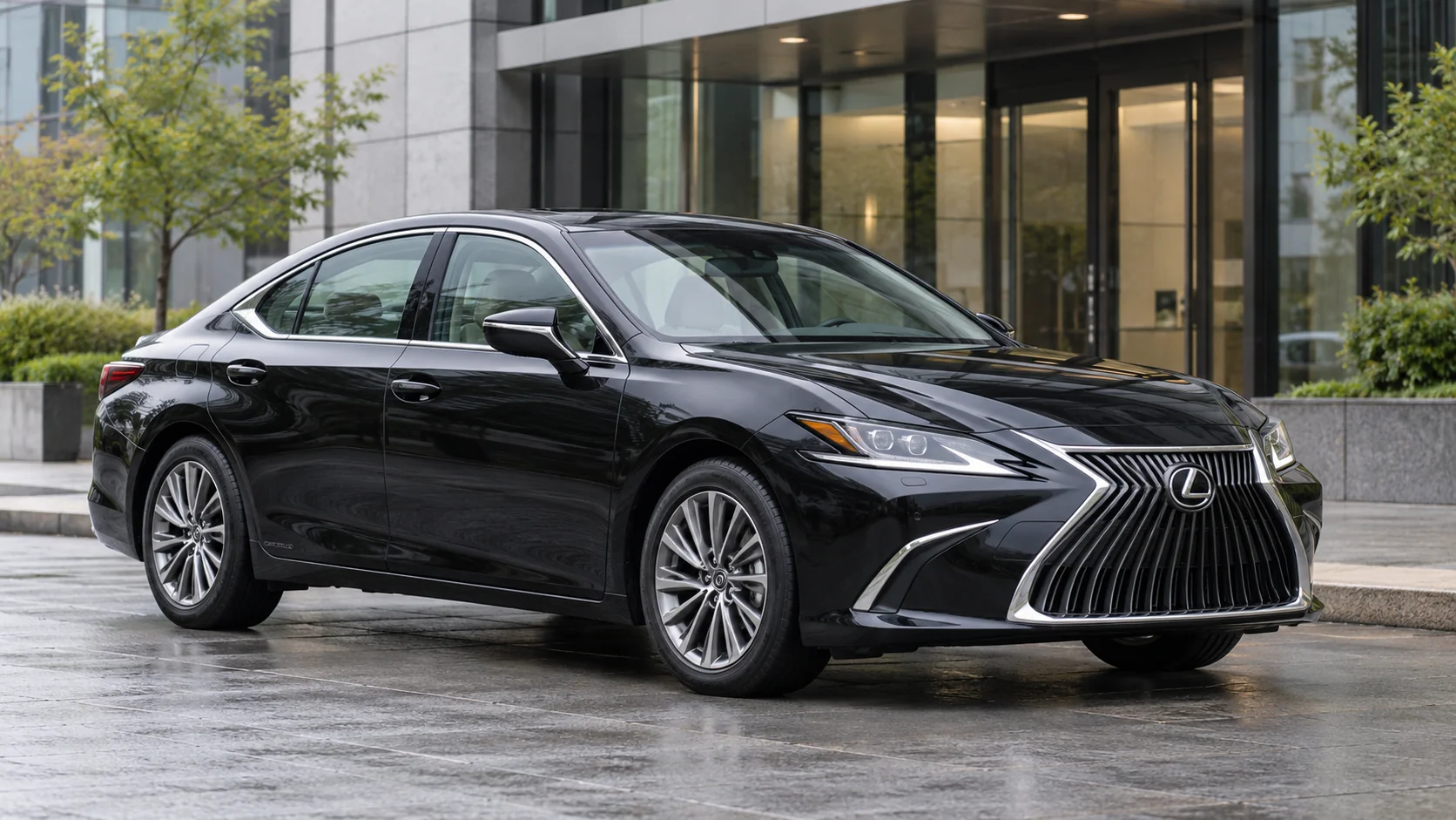Black Lexus executive sedan outside a business entrance