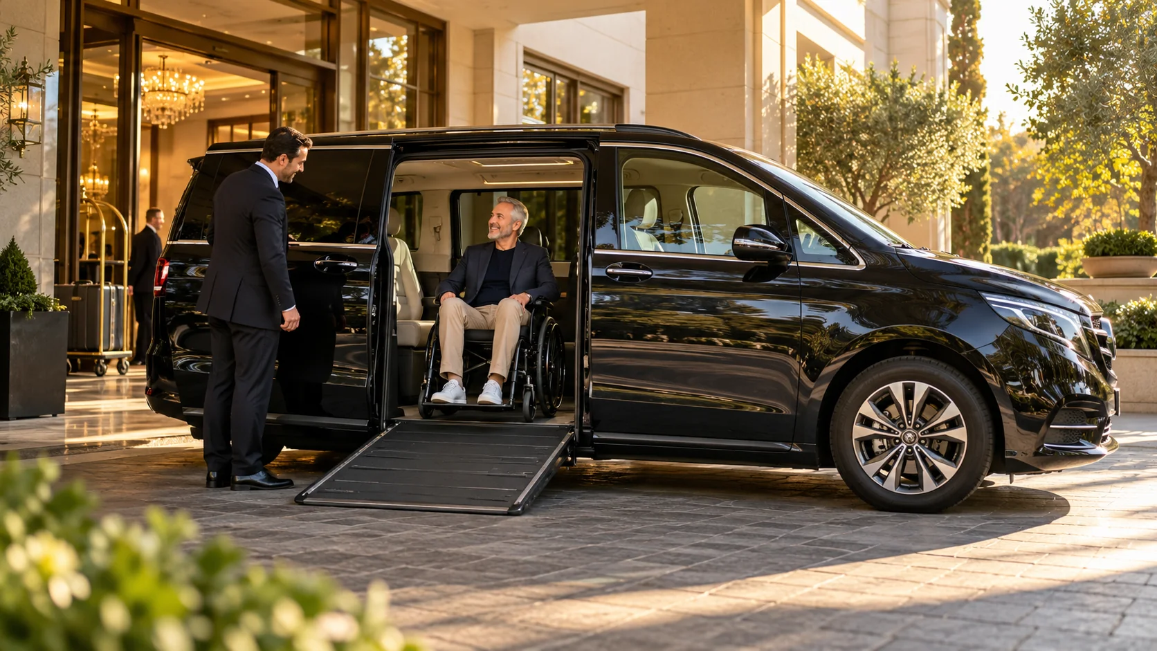 Wheelchair-accessible minivan with its ramp lowered