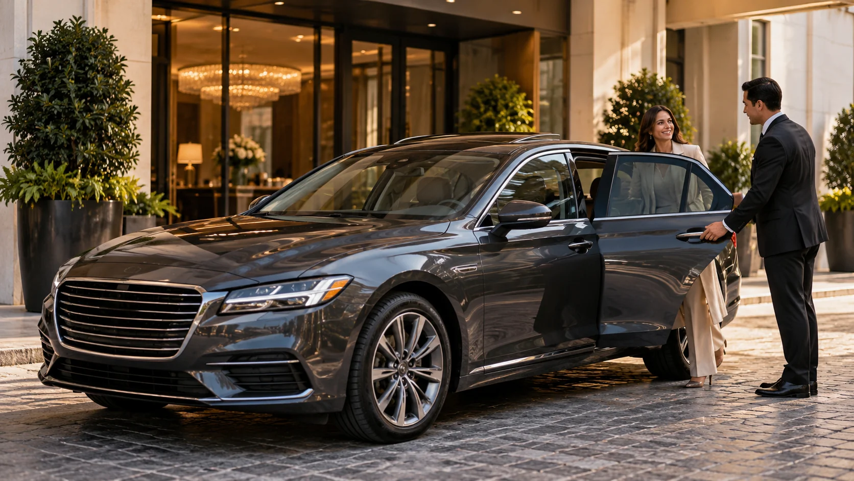 Gray midsize sedan ready for a private hotel transfer