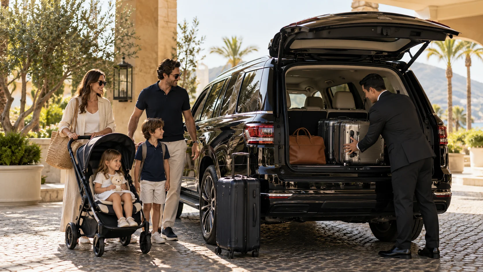 Family with children, stroller and luggage beside a private SUV