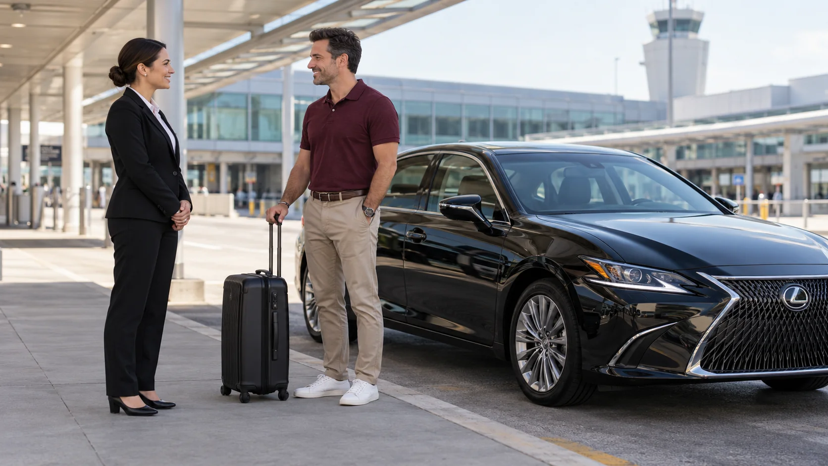 Traveler meeting a chauffeur beside an executive sedan