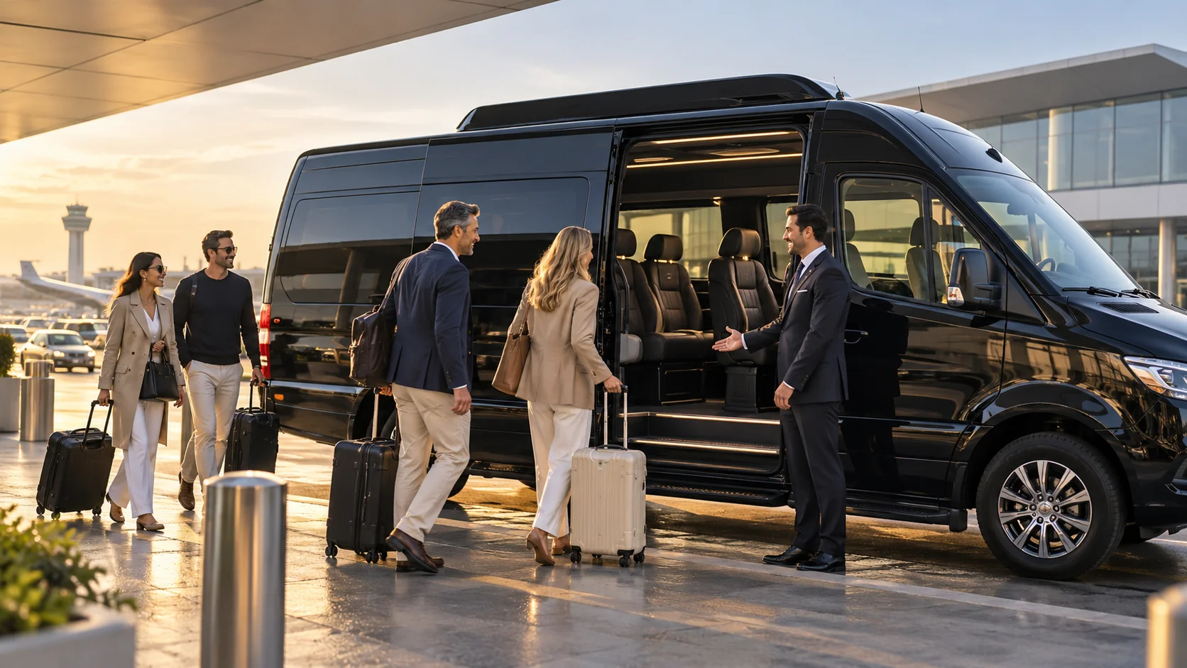 Passenger shuttle and travelers at an airport pickup curb