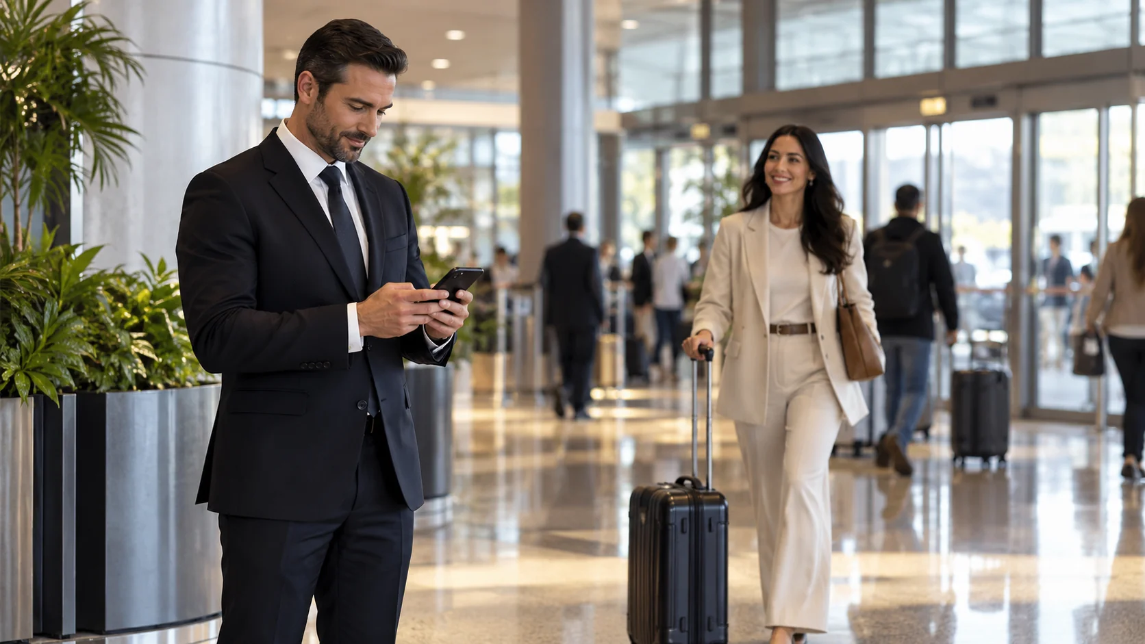 Chauffeur checking pickup details in an airport arrivals area