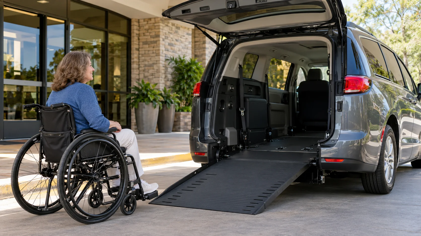 Wheelchair user beside a minivan with a rear boarding ramp