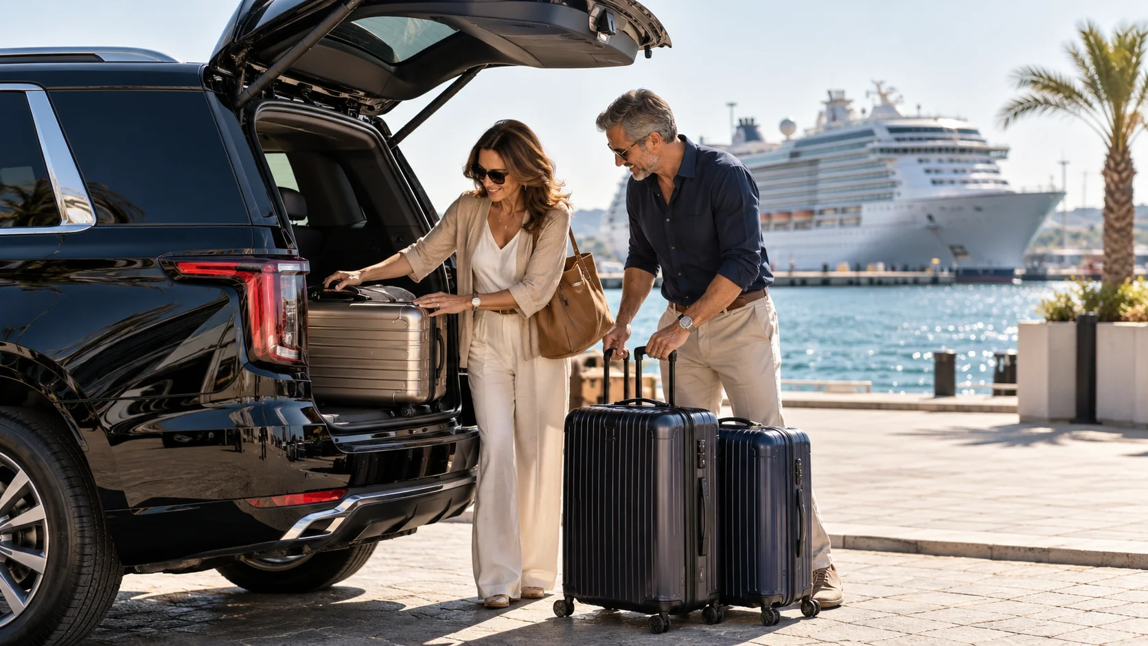 Travelers with luggage preparing for a cruise connection