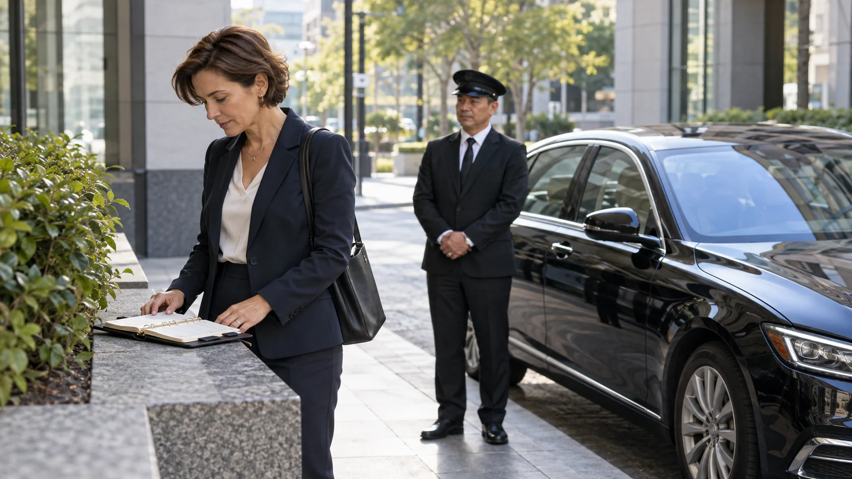 Traveler reviewing an itinerary while a chauffeur waits