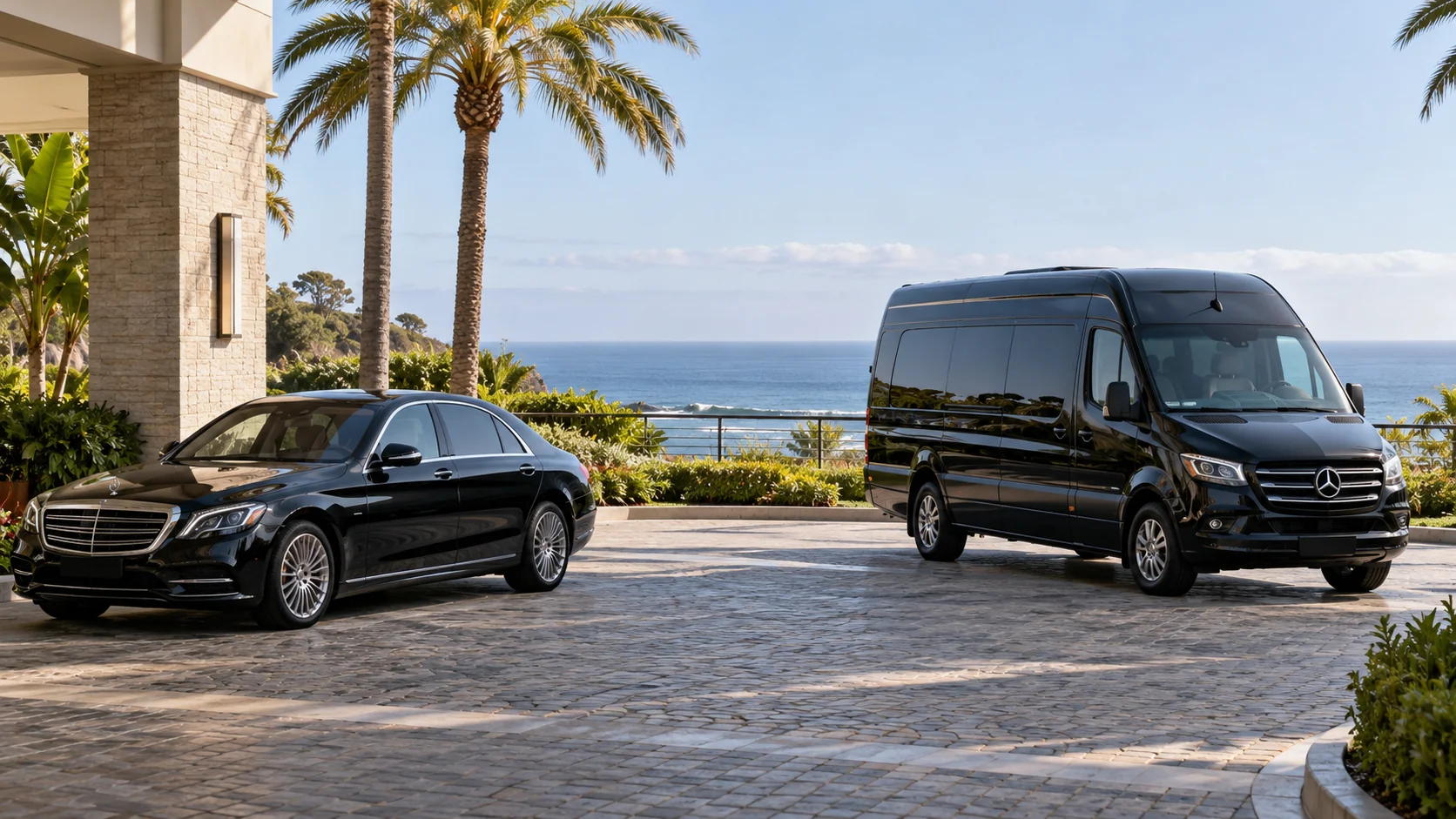 Executive sedan and passenger van at a coastal hotel