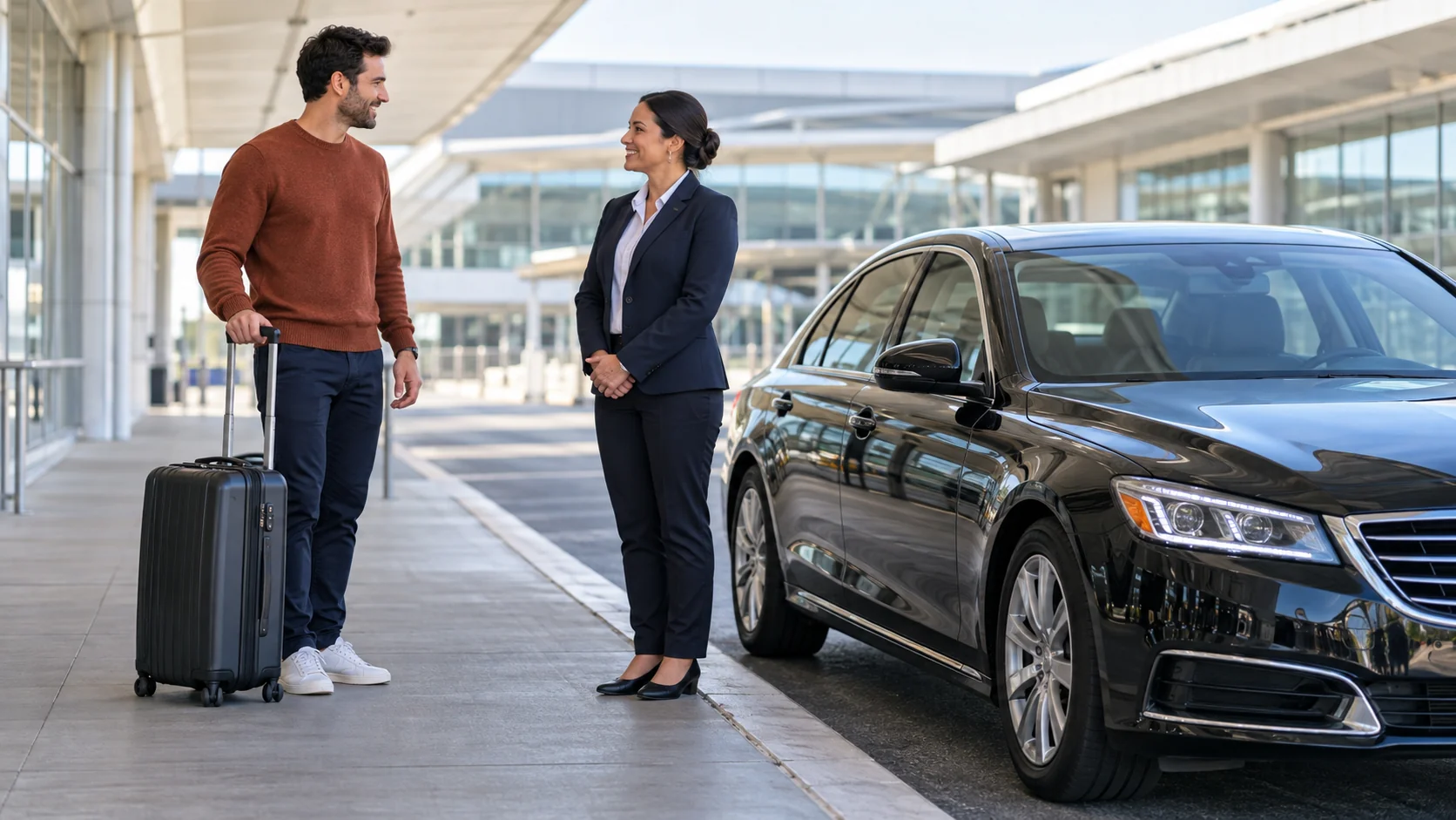 Traveler and chauffeur meeting beside a sedan at airport arrivals