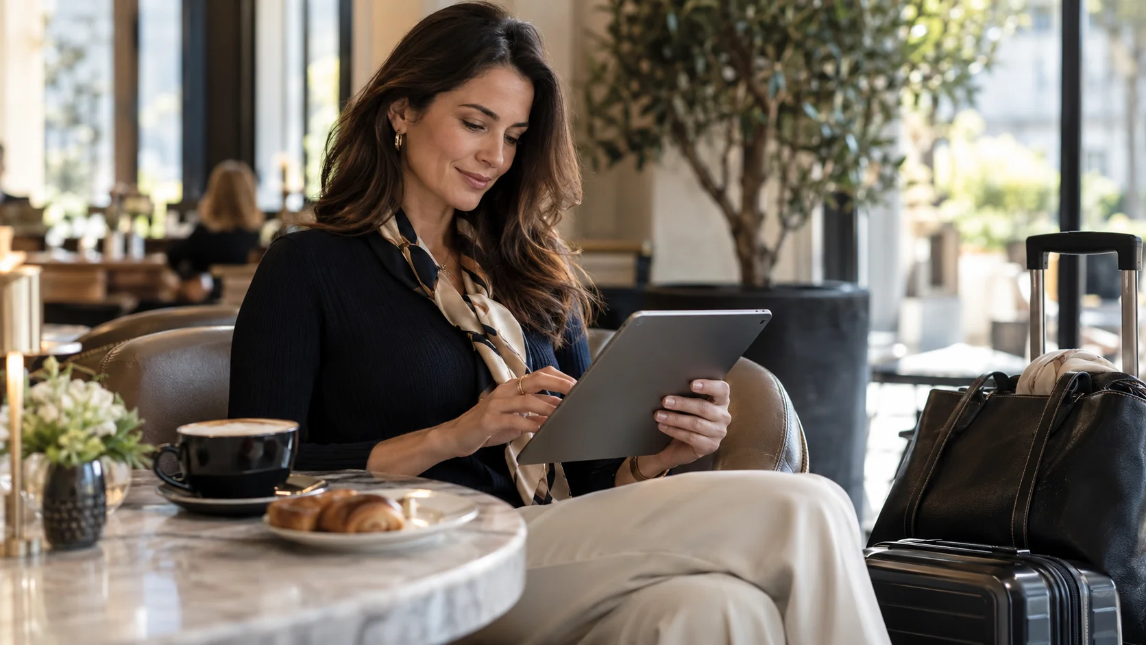 Traveler reviewing a trip confirmation on a tablet