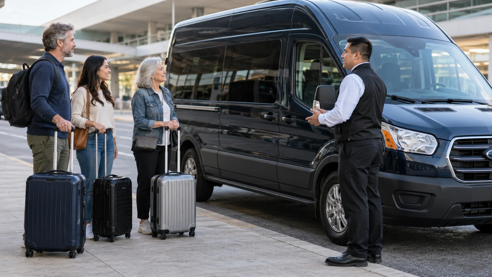 Travelers listening to a shuttle driver at an airport pickup curb