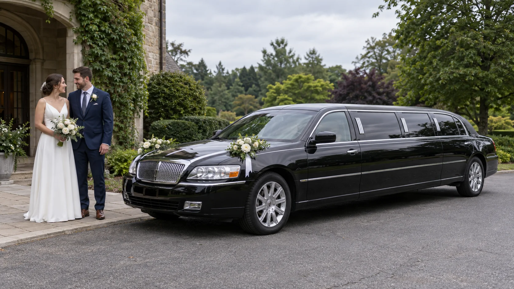 Wedding couple beside a stretch limousine decorated with flowers