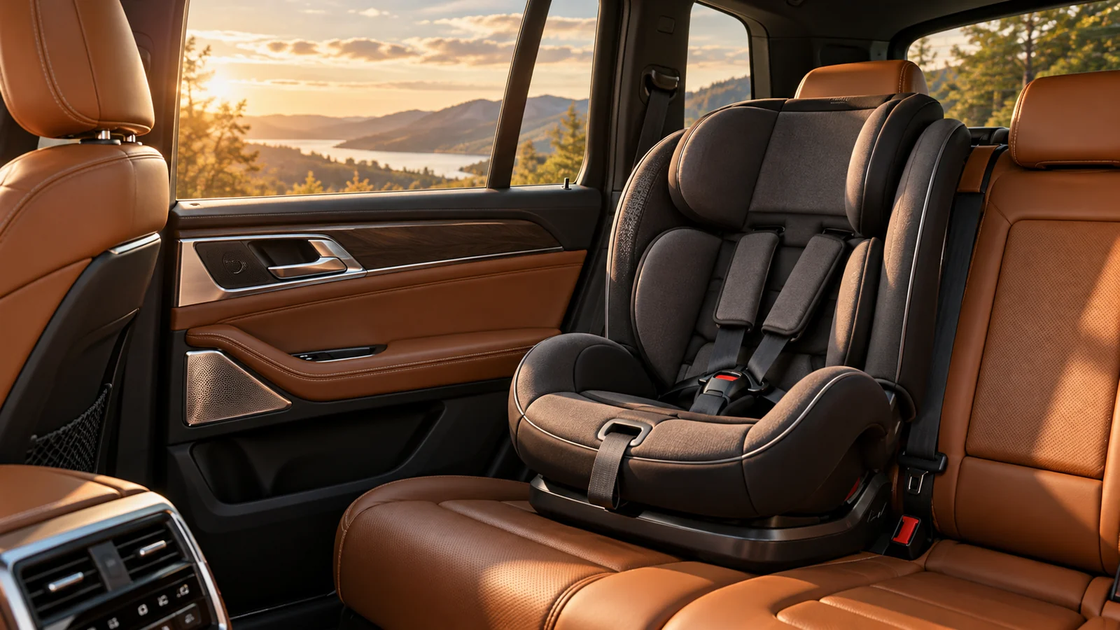 Child safety seat in a luxury SUV with cognac leather seats