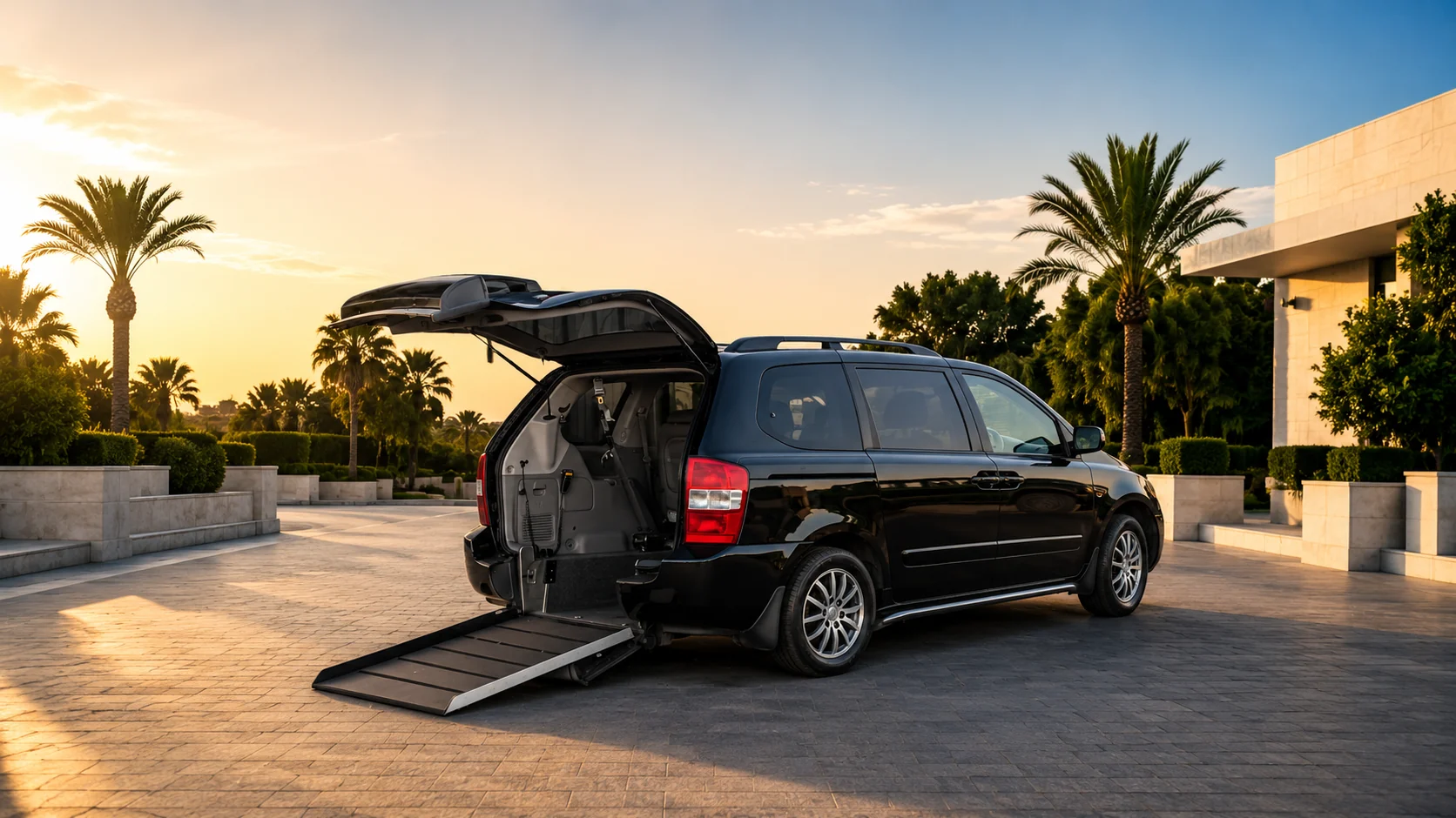 Wheelchair-accessible van with its rear ramp lowered, ready for boarding
