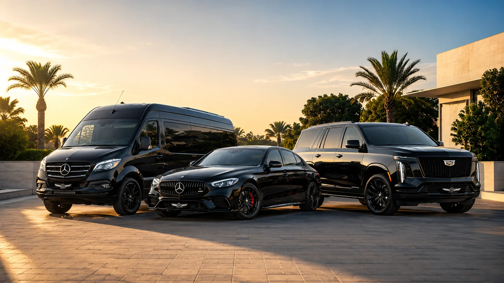 Go Everywhere fleet at sunset — executive van, sedan and SUV