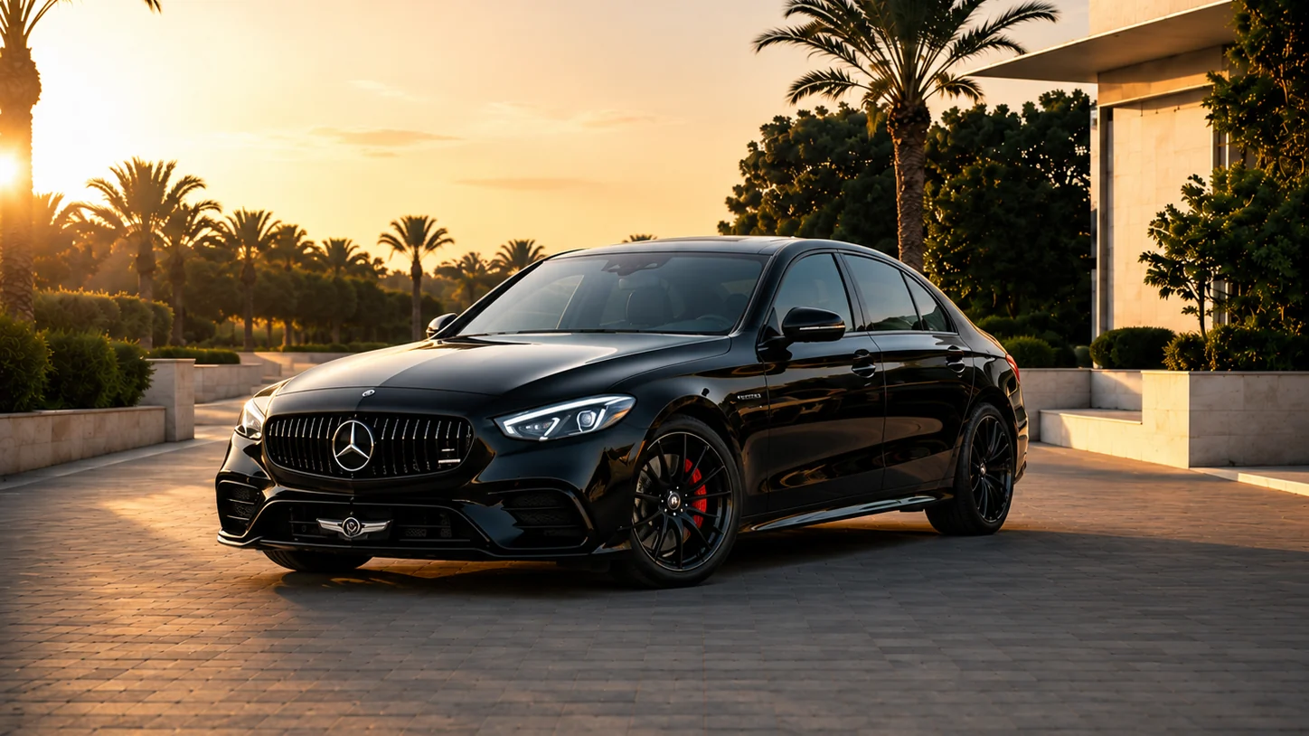 Black executive sedan ready for a private transfer at sunset