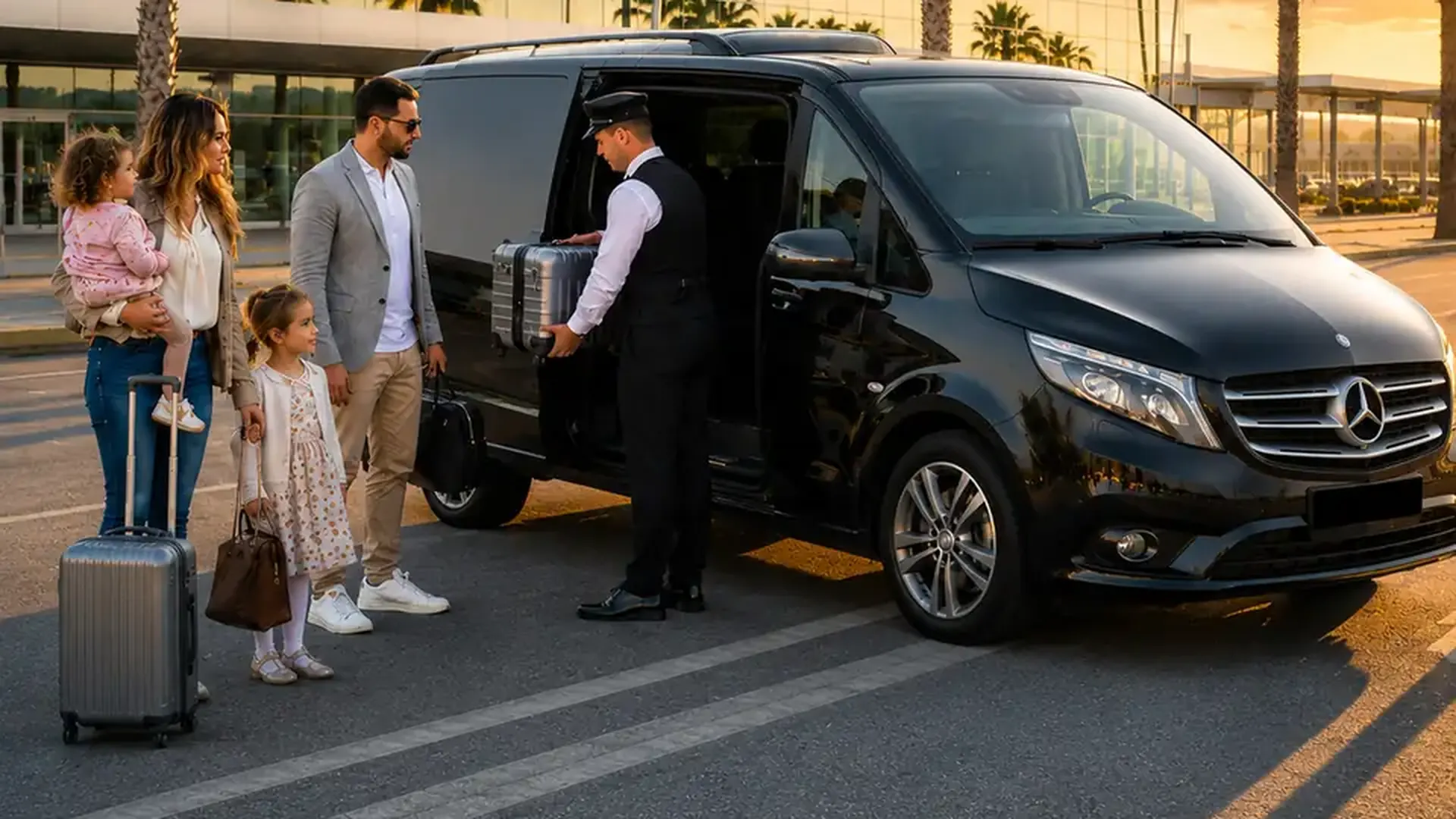 Professional driver loading a family's luggage into a shuttle van outside an airport terminal