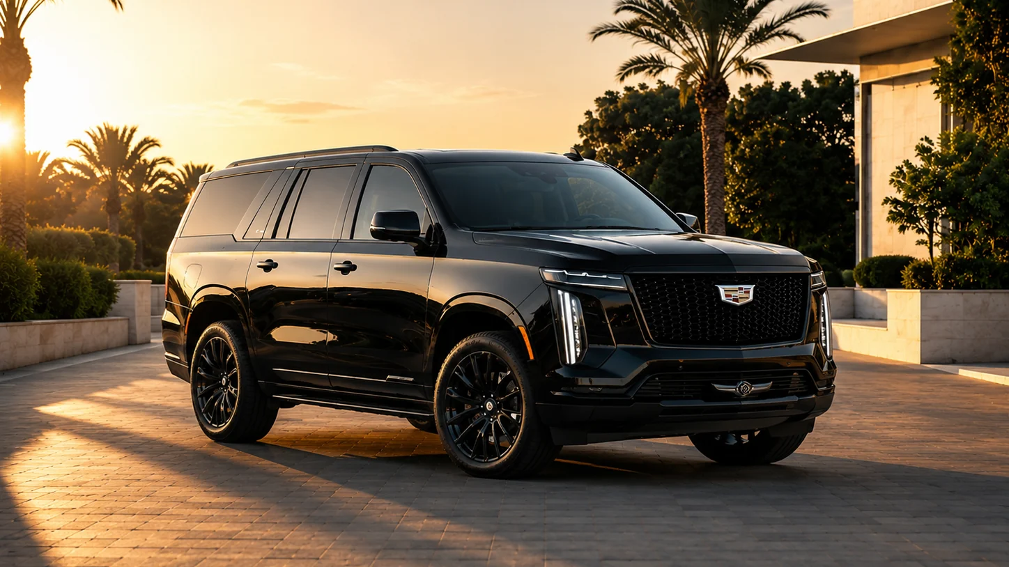 Black premium SUV for family and luggage transfers at sunset