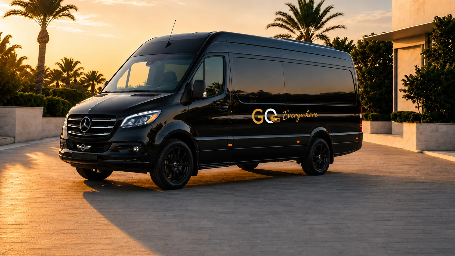 Black executive Sprinter van for group transfers with luggage