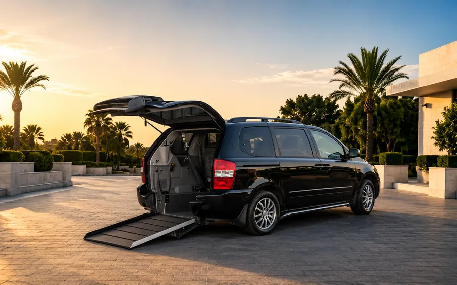 Wheelchair-accessible van with its rear ramp lowered to the ground