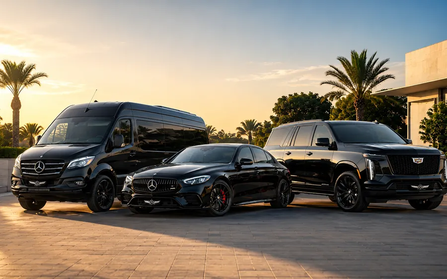 Go Everywhere fleet lineup — black executive van, sedan and SUV at sunset