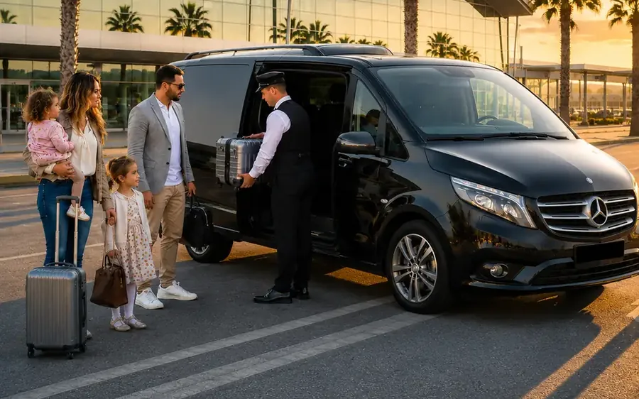 Family met by a professional driver loading luggage into a shuttle van at the airport